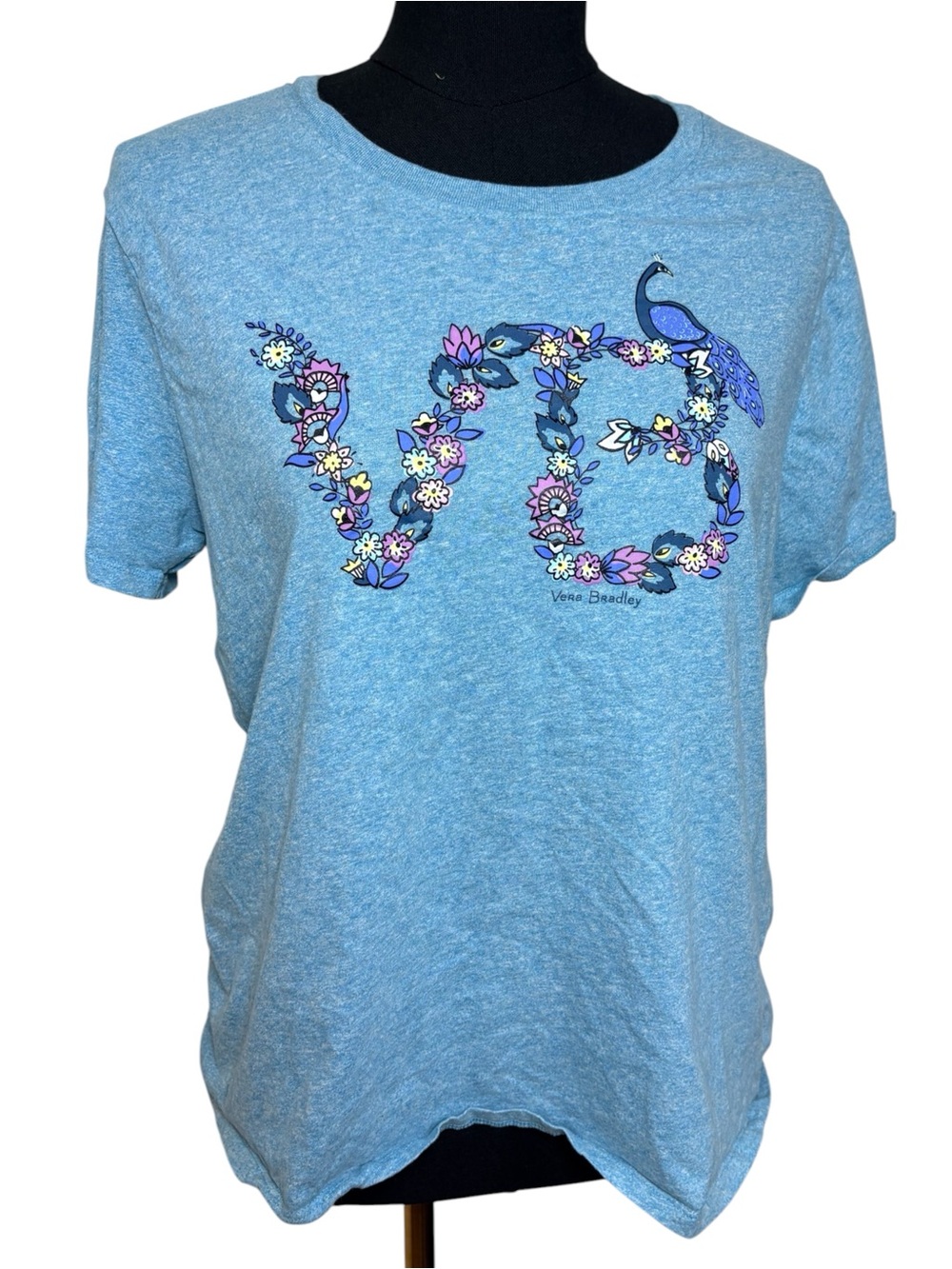 Vera Bradely Blue Floral Peacock VB Logo Graphic T-Shirt Women's Medium Cotton